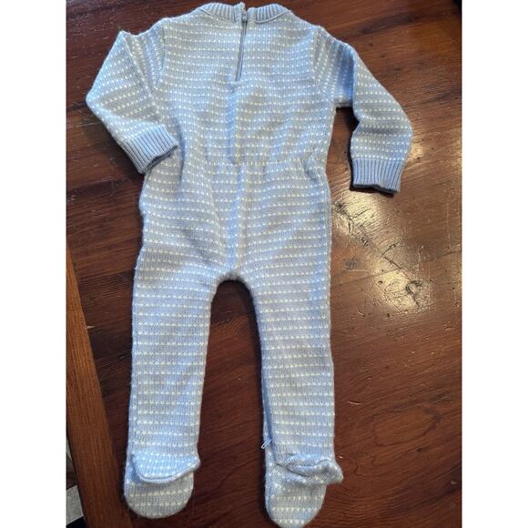 Vintage Baby Boy Blue Sweater Footed Romper Embroidered Train 0-3 Months - Picture 4 of 9